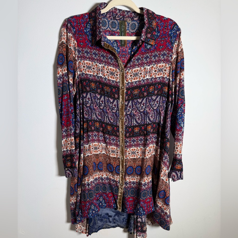 Aratta Silent Journey Boho Patchwork Tunic Dress | Velvet Trim | Artisan | M